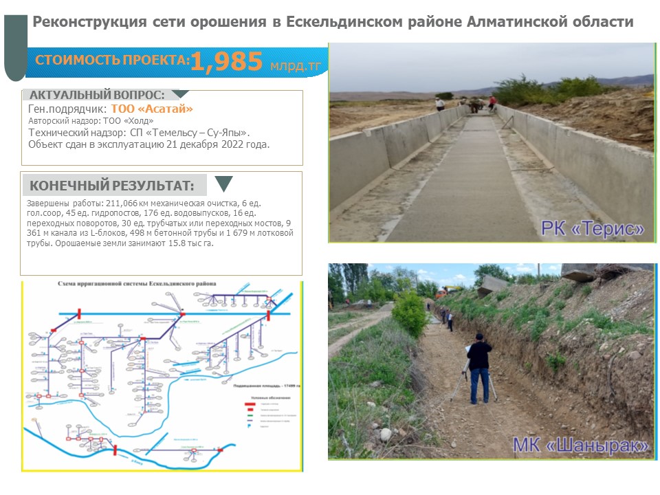 Реконструкция сети орошения в Ескельдинском районе Алматинской области